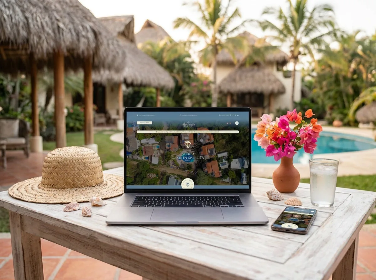 Los Almendros Sayulita — mockup del sitio web en laptop y celular